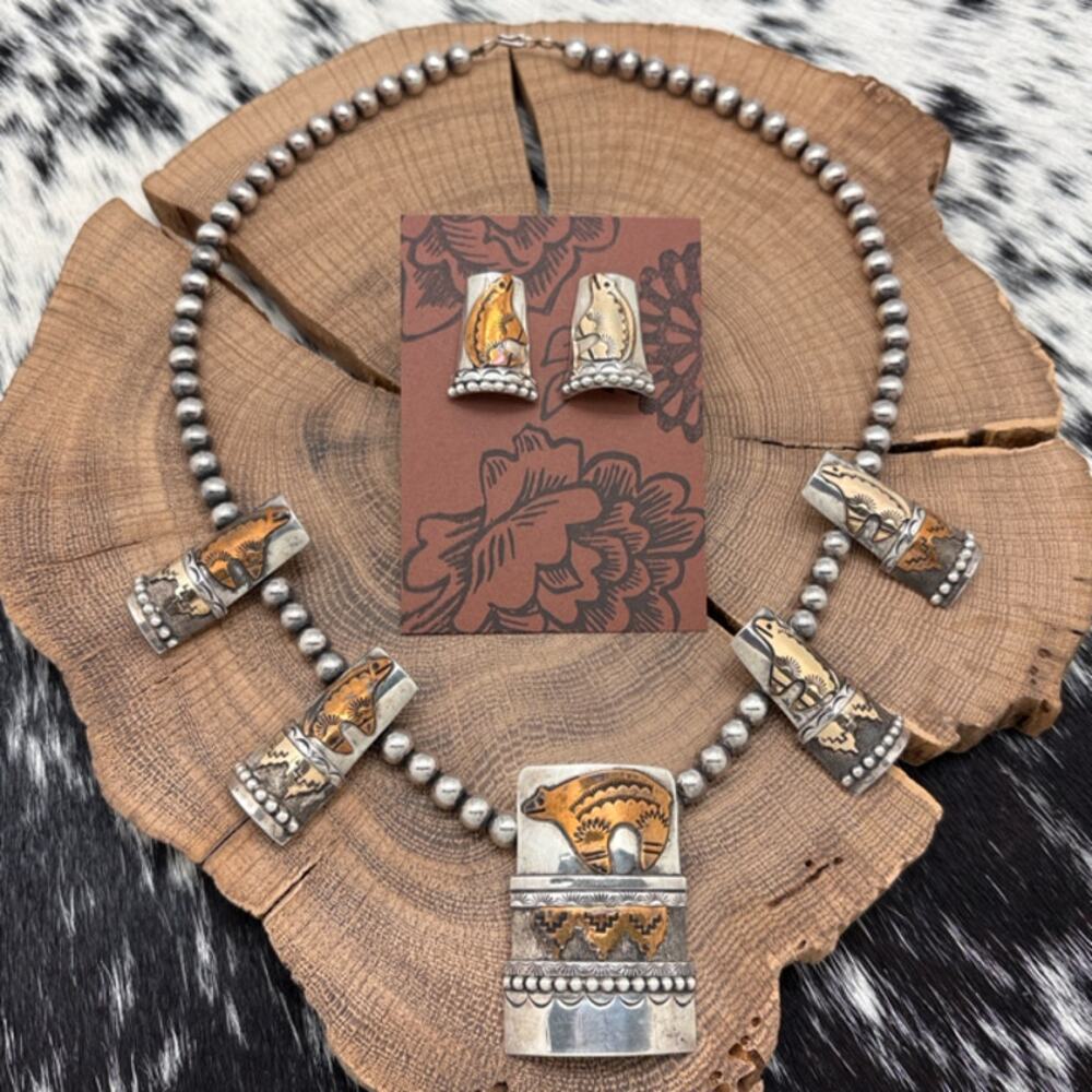 1980s Native American NAVAJO Sterling Brass & Copper Fetish Bear Necklace Set